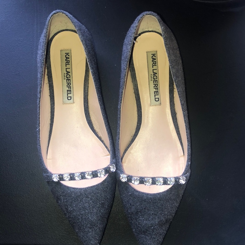 Karl Lagerfeld Gray Pointed Toe Flats with Crystal Strap